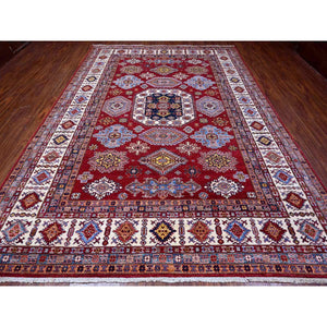 8'10"x12'5" Scarlet Red, Afghan Super Kazak with Geometric Elements, Vegetable Dyes, Pure and Shiny Wool, Hand Knotted, Oriental Rug FWR534792