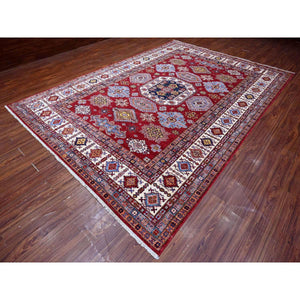 8'10"x12'5" Scarlet Red, Afghan Super Kazak with Geometric Elements, Vegetable Dyes, Pure and Shiny Wool, Hand Knotted, Oriental Rug FWR534792