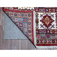 Load image into Gallery viewer, 8&#39;10&quot;x12&#39;5&quot; Scarlet Red, Afghan Super Kazak With Geometric Elements, Vegetable Dyes, Pure And Shiny Wool, Hand Knotted, Oriental Rug FWR534792