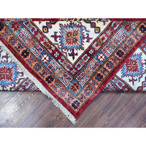 8'10"x12'5" Scarlet Red, Afghan Super Kazak with Geometric Elements, Vegetable Dyes, Pure and Shiny Wool, Hand Knotted, Oriental Rug FWR534792