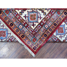Load image into Gallery viewer, 8&#39;10&quot;x12&#39;5&quot; Scarlet Red, Afghan Super Kazak With Geometric Elements, Vegetable Dyes, Pure And Shiny Wool, Hand Knotted, Oriental Rug FWR534792