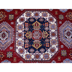 8'10"x12'5" Scarlet Red, Afghan Super Kazak with Geometric Elements, Vegetable Dyes, Pure and Shiny Wool, Hand Knotted, Oriental Rug FWR534792