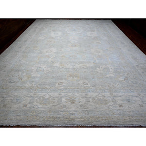 13'7"x17' Solitude Gray With Pearly White, Washed Out Peshawar With Ziegler Mahal Design, Hand Knotted Pure Wool, Extra Wide, Oversized, Oriental Rug FWR534876