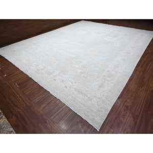 13'7"x17' Solitude Gray With Pearly White, Washed Out Peshawar With Ziegler Mahal Design, Hand Knotted Pure Wool, Extra Wide, Oversized, Oriental Rug FWR534876