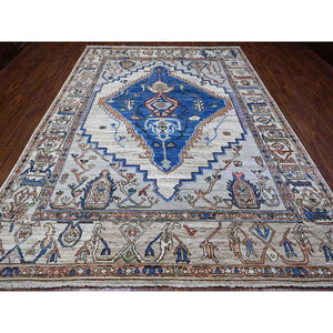 8'10"x11'9" Chrome Gray, Hand Knotted, Turkish Village Motifs, Large Serrated Central Medallion, Natural Dyes, Soft and Shiny Wool, Oriental Rug FWR534906