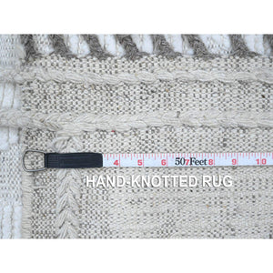 8'10"x12'3" Lazy Gray and Light Beige, Embossed Pile Moroccan Weave Geometric Oulad Bousbaa Design, Tone On Tone, Vegetable Dyes, Organic Wool, Hand Knotted, Oriental Rug FWR535092
