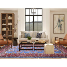 Load image into Gallery viewer, 10&#39;2&quot;x13&#39;8&quot; Dodger Blue And Burgundy Red, Hand Knotted Afghan Super Kazak With All Over Motifs, Organic Wool Vegetable Dyes, Square Oriental Rug FWR535188