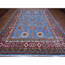 Load image into Gallery viewer, 10&#39;2&quot;x13&#39;8&quot; Dodger Blue And Burgundy Red, Hand Knotted Afghan Super Kazak With All Over Motifs, Organic Wool Vegetable Dyes, Square Oriental Rug FWR535188