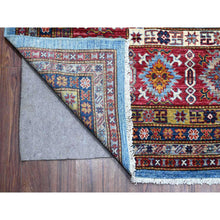 Load image into Gallery viewer, 10&#39;2&quot;x13&#39;8&quot; Dodger Blue And Burgundy Red, Hand Knotted Afghan Super Kazak With All Over Motifs, Organic Wool Vegetable Dyes, Square Oriental Rug FWR535188