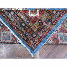 Load image into Gallery viewer, 10&#39;2&quot;x13&#39;8&quot; Dodger Blue And Burgundy Red, Hand Knotted Afghan Super Kazak With All Over Motifs, Organic Wool Vegetable Dyes, Square Oriental Rug FWR535188