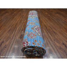 Load image into Gallery viewer, 10&#39;2&quot;x13&#39;8&quot; Dodger Blue And Burgundy Red, Hand Knotted Afghan Super Kazak With All Over Motifs, Organic Wool Vegetable Dyes, Square Oriental Rug FWR535188