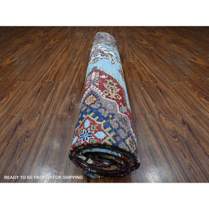 11'2"x12'1" Skye Blue and Dusty Gray, Natural Wool, Hand Knotted, Vegetable Dyes, All Over Motif Super Kazak Oriental Rug FWR535194