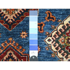 6'x6' Berry Blue With Ivory Border, Afghan Super Kazak With All Over Geometric Medallions, Vegetables Dyes, Vibrant Wool, Hand Knotted Square Oriental Rug FWR535266