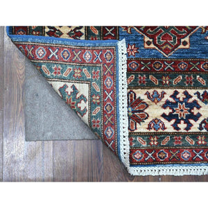 6'x6' Byzantine Blue With Brilliant White, Afghan Super Kazak, 100% Wool Hand Knotted Natural Dyes, Tribal Elements, Square Oriental Rug FWR535278