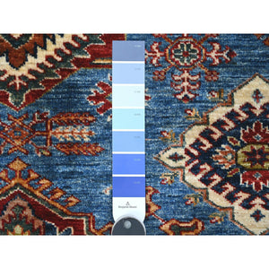6'x6' Byzantine Blue With Brilliant White, Afghan Super Kazak, 100% Wool Hand Knotted Natural Dyes, Tribal Elements, Square Oriental Rug FWR535278