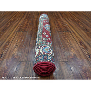 2'8"x7' Burnt Peanut Red With Classic White, Afghan Super Kazak Geometric Design, Hand Knotted, 100% Wool, Natural Dyes Runner Oriental Rug FWR535296