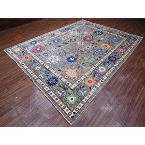 8'10"x11'7" Perfect Gray, Wool Foundation, All Over Colorful Rural Elements, Afghan Natural Dyes, Hand Knotted Soft Pile, Angora Oushak, Oriental Rug FWR535614