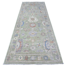 Load image into Gallery viewer, 4&#39;x10&#39;1&quot; Asparagus Green, Wool Weft, Hand Knotted, Tribal Flower Medallions All Over Design, Vegetable Dyes, Afghan Angora Oushak, Wide Gallery Runner Oriental Rug FWR535734