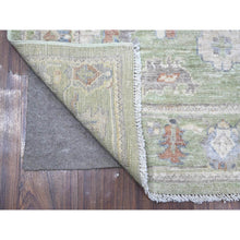 Load image into Gallery viewer, 4&#39;x10&#39;1&quot; Asparagus Green, Wool Weft, Hand Knotted, Tribal Flower Medallions All Over Design, Vegetable Dyes, Afghan Angora Oushak, Wide Gallery Runner Oriental Rug FWR535734