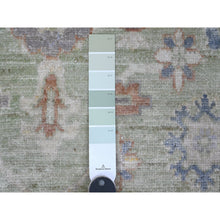 Load image into Gallery viewer, 4&#39;x10&#39;1&quot; Asparagus Green, Wool Weft, Hand Knotted, Tribal Flower Medallions All Over Design, Vegetable Dyes, Afghan Angora Oushak, Wide Gallery Runner Oriental Rug FWR535734