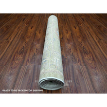 Load image into Gallery viewer, 4&#39;x10&#39;1&quot; Asparagus Green, Wool Weft, Hand Knotted, Tribal Flower Medallions All Over Design, Vegetable Dyes, Afghan Angora Oushak, Wide Gallery Runner Oriental Rug FWR535734
