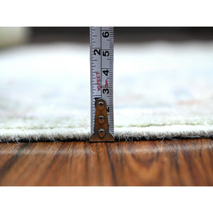 4'x10'1" Asparagus Green, Wool Weft, Hand Knotted, Tribal Flower Medallions All Over Design, Vegetable Dyes, Afghan Angora Oushak, Wide Gallery Runner Oriental Rug FWR535734