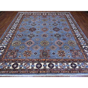 10'x10' Flower Box Gray With Promenade White, Hand Knotted Afghan Super Kazak, Natural Dyes, Vibrant Wool, Repetitive Medallions, Oriental Square Rug FWR535782