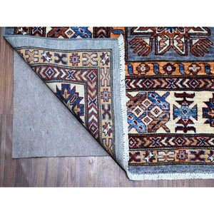 10'x10' Flower Box Gray With Promenade White, Hand Knotted Afghan Super Kazak, Natural Dyes, Vibrant Wool, Repetitive Medallions, Oriental Square Rug FWR535782