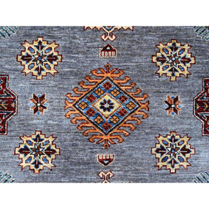 10'x10' Flower Box Gray With Promenade White, Hand Knotted Afghan Super Kazak, Natural Dyes, Vibrant Wool, Repetitive Medallions, Oriental Square Rug FWR535782