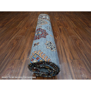 10'x10' Flower Box Gray With Promenade White, Hand Knotted Afghan Super Kazak, Natural Dyes, Vibrant Wool, Repetitive Medallions, Oriental Square Rug FWR535782
