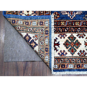 6'1"x9'3" Cobalt Blue With Ivory Border, Hand Knotted Vegetable Dyes Pure Wool, Afghan All Over Tribal Motifs Super Kazak Oriental Rug FWR535794