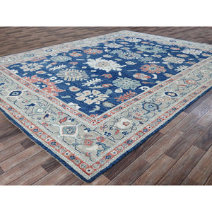 9'2"x12'1" Navy Blue, Afghan Oushak with Leaf Design, Supple Collection, Soft and Lush Pile, Pure Wool, Densely Woven, Hand Knotted, Oriental Rug FWR5352