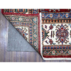 6'1"x9'3" Currant Red With Dove White, Afghan Super Kazak Natural Dyes, Extra Soft Wool, All Over Geometric Elements With Large Central Medallion, Hand Knotted Oriental Rug FWR535806