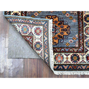 2'7"x8'4" Thundercloud Gray And Classic White, Hand Knotted Afghan Super Kazak, Vegetable Dyes, All Over Medallions, All Wool, Runner Oriental Rug FWR535830
