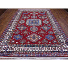 Load image into Gallery viewer, 9&#39;1&quot;x11&#39;9&quot; Crimson Red, Afghan Super Kazak With Geometric Medallions Design, Hand Knotted, Pure Wool, Vegetable Dyes, Oriental Rug FWR535962