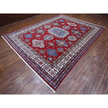 Load image into Gallery viewer, 9&#39;1&quot;x11&#39;9&quot; Crimson Red, Afghan Super Kazak With Geometric Medallions Design, Hand Knotted, Pure Wool, Vegetable Dyes, Oriental Rug FWR535962