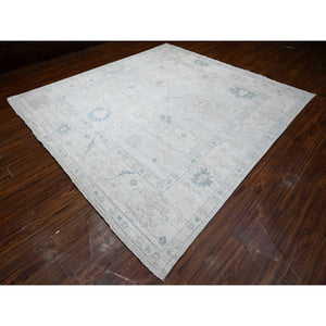 10'x10' Silver Gray, Hand Knotted With Wool Weft, Vegetable Dyes, Afghan Angora Oushak, Village Flower And Leaf Pattern All Over, Square Oriental Rug FWR535980