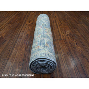 2'9"x15'3" Pacific Blue, Hand Knotted Wool Foundation, Afghan Angora Oushak With Natural Dyes, Rural Medallions All Over Design, Runner Oriental Rug FWR536106