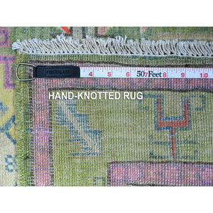 2'9"x3'10" Terrapin Green, All Natural Wool, Hand Knotted Fusion Kazak, Triple Caucasian Motifs Design, Oriental Rug FWR536412