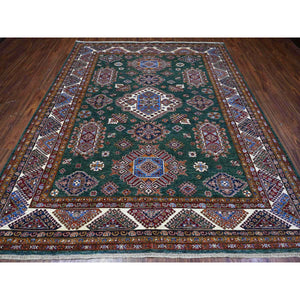 8'3"x10' Myrtle Green With Pearly White Border, All Over Tribal Elements, All Wool, Hand Knotted Natural Dyes, Afghan Super Kazak Oriental Rug FWR536526