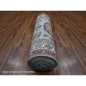 2'8"x20'10" Battleship Gray, Hand Knotted Afghan Super Kazak With All Over Motifs, Natural Dyes, Extra Soft Wool Xl Runner Oriental Rug FWR536592