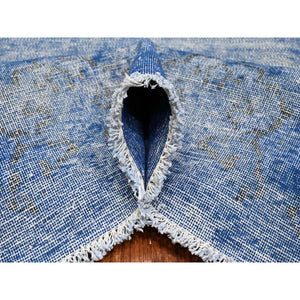 8'1"x11'5" Chelsea Blue, Distressed Look, Worn Pile, Open Field Design, Velvety Wool, Sides Secured, Hand Knotted Vintage Persian Kerman, Overdyed, Cropped Thin, Oriental Rug FWR536688