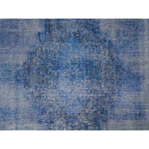 8'1"x11'5" Chelsea Blue, Distressed Look, Worn Pile, Open Field Design, Velvety Wool, Sides Secured, Hand Knotted Vintage Persian Kerman, Overdyed, Cropped Thin, Oriental Rug FWR536688