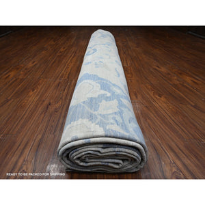 18'6"x24'2" Paper White and Pram Blue, Washed Out Peshawar, Hand Knotted 17th Century Polonaise Design, 100% Wool, XL Size Oriental Rug FWR536868