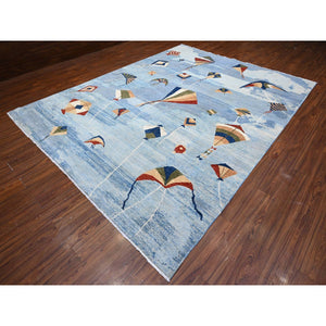 9'2"x12' Glaucous Blue, Kites In The Sky, Peshawar, Natural Wool, Borderless Hand Knotted, Oriental Rug FWR536904