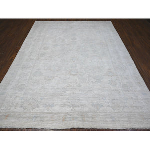 8'3"x9'9" Pacific Pearl White, Soft Wool Weft, Faded Afghan Angora Oushak, Hand Knotted, Vegetable Dyes With Village All Over Floral Design, Oriental Rug FWR537306