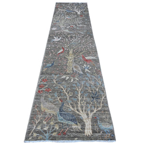 2'8"x11'8" Solid Gray, Natural Wool, Afghan Peshawar with Birds of Paradise, Hand Knotted, Vegetable Dyes, Runner, Oriental Rug FWR537480