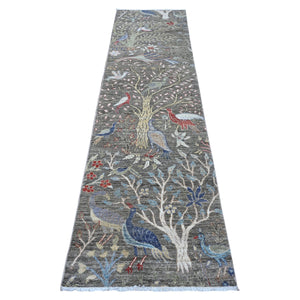 2'6"x9'9" Templeton Gray, Afghan Peshawar with Birds of Paradise Design, Abrash, Vegetable Dyes, 100% Wool, Hand Knotted Runner Oriental Rug FWR537486