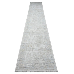 2'8"x15'5" Ice Cube Gray, Soft Pile, Vegetable Dyes, Hand Knotted, Faded Afghan Angora Oushak, Wool Weft, Village Motifs All Over Design, Oversized Runner Oriental Rug FWR537594