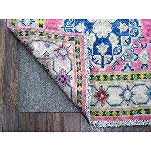 2'6"x15'6" Azalea Pink, Colorful Caucasian Medallions Design, Pure And Soft Wool, Hand Knotted, Fusion Kazak, Runner Oriental Rug FWR537732